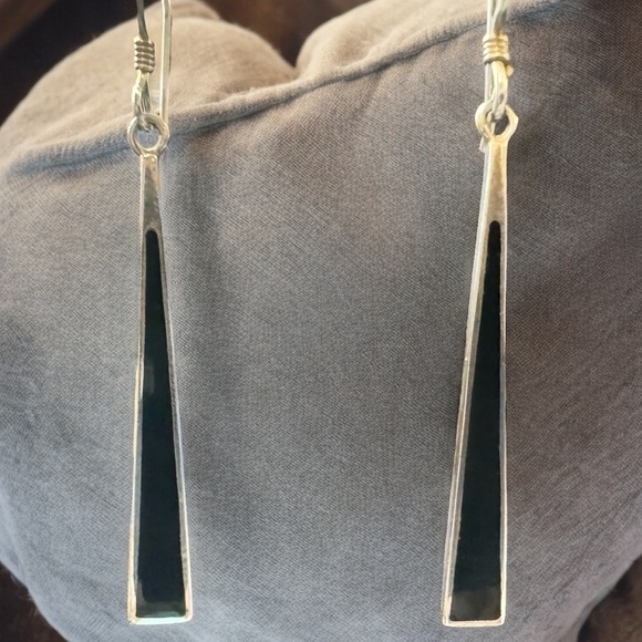 Designer Sterling Silver Black Onyx Inlay Dangle Earrings - Picture 6 of 6